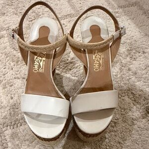 Salvatore Ferragamo White Leather Wedge Sandals with Braided Ankle Strap